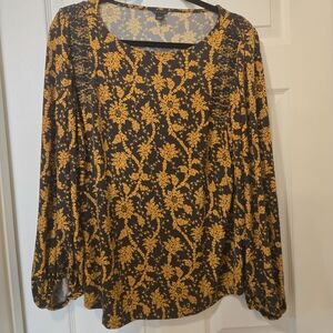 Ann Taylor Black Top with Mustard Floral Print